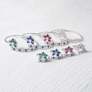 Rhodium-plated lab-created Gemstone Floral Bangle Bracelet